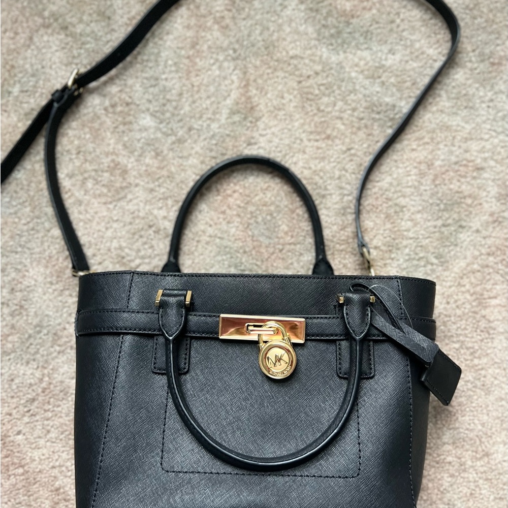 Michael Kors Genuine Black Leather Lock Tote